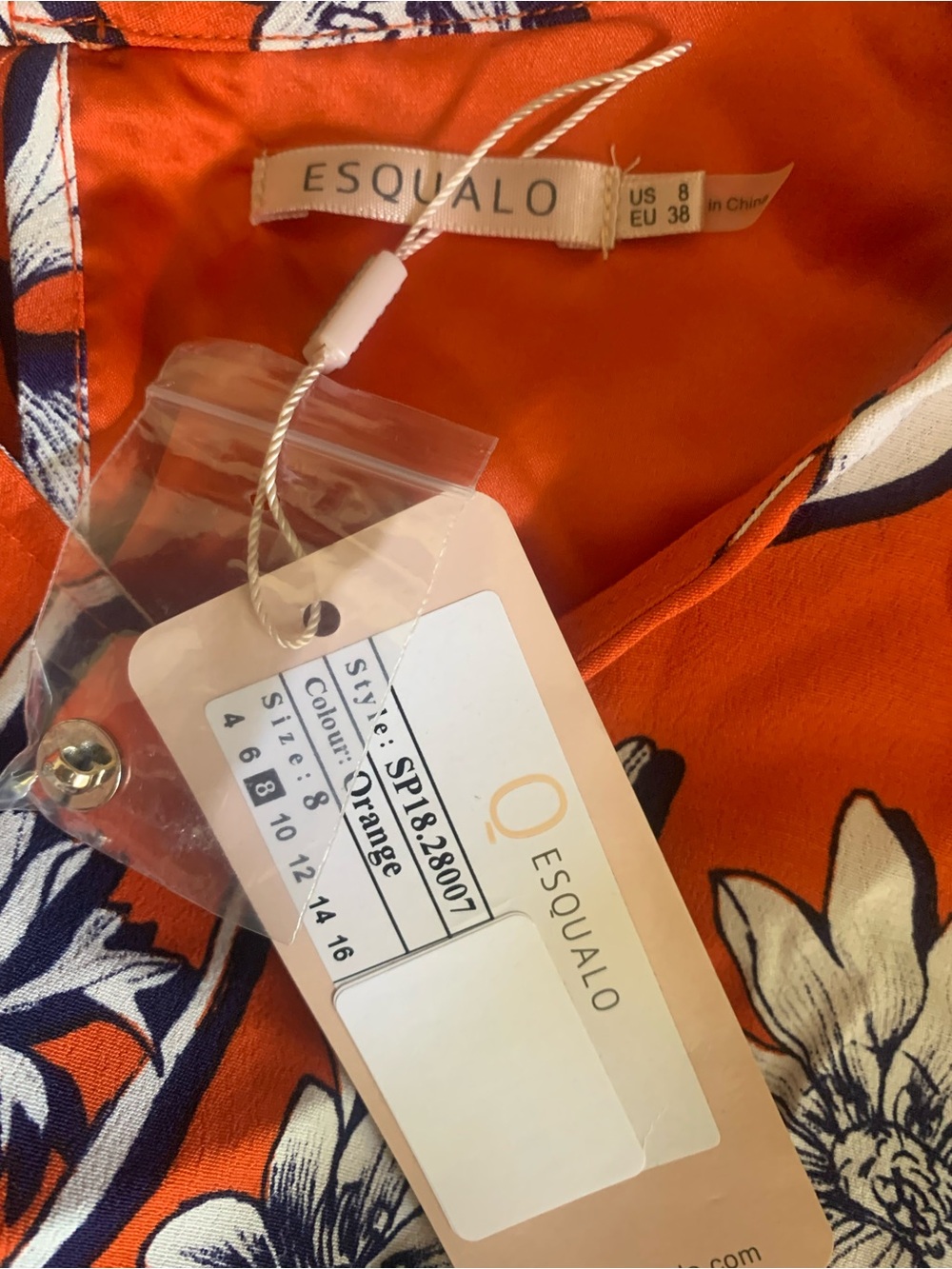 NWT ESQUALO Women’s Size 8 Orange Navy White Floral Long-Sleeve Shift Dress - Picture 6 of 7